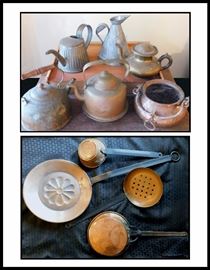  Copper and metal kettles, pitchers, ladles, strainer spoons an other hearth items