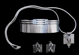 Modernist Scandinavian sterling silver with accents of 14k gold cuff bracelet necklace and clip on earrings by Minnesota Artist, Duke Klassen