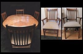 Six chairs including two captain chairs. Dining room table 82 inches by 42 inches when fully open. Has two 20 inch leaves.