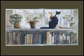 Cats with plants and books entitled "Bookends" framed print from original watercolor by Steve Hanks 37.5 inches by 19 inches