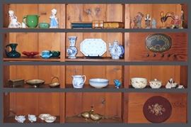  Shelves of collectibles and vintage radio