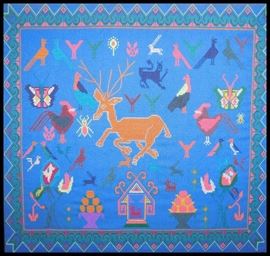 Hmong crosstitch textile art framed wallhanging approximately 25 inches by 23 inches
