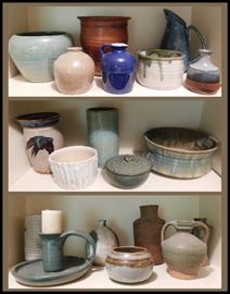 Handcrafted pottery including stoneware and some with ash and salt glazes