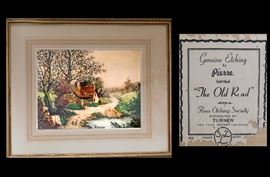 "The Old Road" etching (not a reproduction) by Pierre. Paris Etching Society 1930's. It is 15 inches by 18 inches framed.