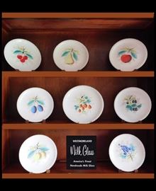  Westmoreland milk glass sandwich or salad plates with hand painted fruit design