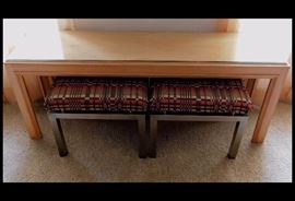  Wide narrow table with two upholstered backless chairs