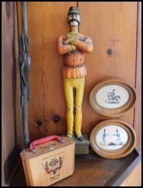 Plaster soldier sculpture, cigar box purse, oval soldier prints and diamond willow walking stick