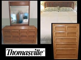 Five piece Thomasville bedroom set including Queen bed, two night stands, highboy and dresser with mirror