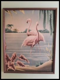Mid-Century Modern Turner framed lithograph of flamingos