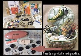 Buttons, needles. thread, sewing basket, scissors, notions and more. Button holer and cams fit the Singer sewing machine that is for sale.