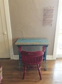 Vintage industrial-chic desk/table, vintage captain's chair, vintage rattan wall organizer
