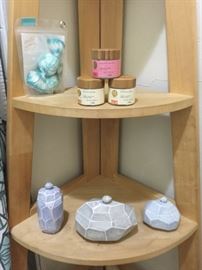 Brand new clay masks, Anthropologie canisters, corner shelving unit