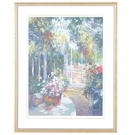Henri Plisson Limited Edition Serigraph "Inside The Greenhouse": A signed limited edition serigraph on paper of an original painting titled Inside the Greenhouse by American painter Henri Plisson (1934 – 2006). This print depicts a white and glass greenhouse filled with pots of blooming flowers. The piece is numbered 206 in an edition of 300 to the lower left and is signed by hand in graphite to the lower right margin. Mounted under a single layer of off-white matting and a gold tone fillet, the piece is presented in a gold tone wood frame.