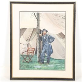 Richard Guy Acrylic Painting on Paper of Ulysses S. Grant: An original acrylic painting on paper by Richard Guy (20th & 21st century). This portrait work depicts Ulysses S. Grant leaning next to a bare tree with a chair and tent in the scene. The piece is signed to the lower right corner. It is presented behind an off-white mat with a grey liner, under glass in a wood frame with a wire to the verso ready to hang. Richard Guy (1928-2014) was an illustrator and painter whose work focused on historical sites and landmarks both in and outside of Washington, DC. Guy was particularly interested in the Civil War and was known for his portraits of military figures.