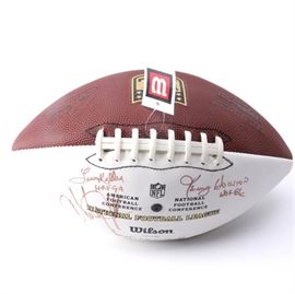 Autographed Hall of Fame Football: A Wilson football signed by members of the Pro Football Hall of Fame. This half white Wilson official NFL football is signed by thirteen members of the Pro Football Hall of Fame in brown ink. Signatures include Kenny Houston, Dwight Stephenson, Bobby Bell, Paul Krause, and Ted Hendricks.