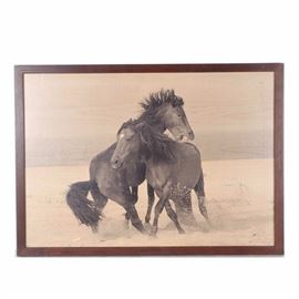 Roberto Dutesco "Sable Island" Lithograph: A lithograph after a photograph titled Sable Island by Roberto Dutesco (1961-) dated in 1996. The artwork shows two wild horses in the water on a wooden platform. The art is presented in a wooden frame with a wire attached to the verso for hanging, as well as a note reading “‘Sable Island’ 2 of 3 Roberto Dutesco 1996”.