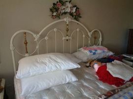 king bed w/metal white/brass headboard, also footboard