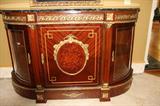 LARGE COMMODE WITH MARBLE TOP AND INLAID WOOD SIDES HAVE CURVED GLASS AND SHELVING FOR DISPLAY - 2 COMMODES MATCH.