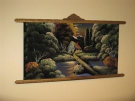 ANTIQUE BLACK VELVET PAINTING - COTTAGE IN THE WOODS