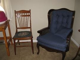 ANTIQUE WOOD TAPESTRY CHAIR, LR HIGH BACK CHAIR