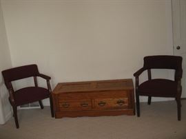Primitive wood chest, 2 Arm LR Chairs