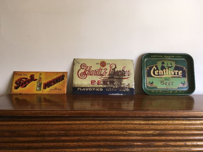 Beer signs and tray: Tivoli Pilsner, Ekhardt & Becker, and Centlivre Brewing Company 