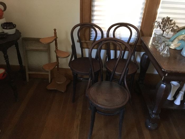 Three vintage bent wood bistro café chairs
