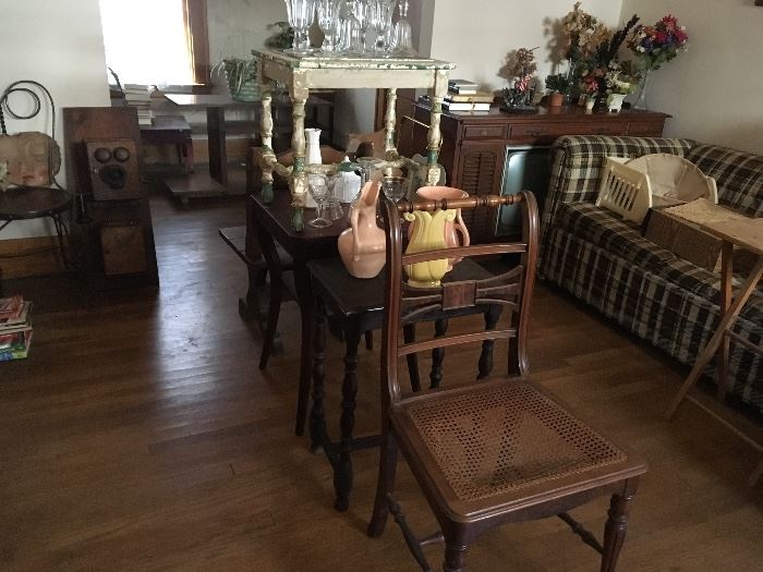 Ice cream soda and sundae glasses, tables, vintage cane chair 