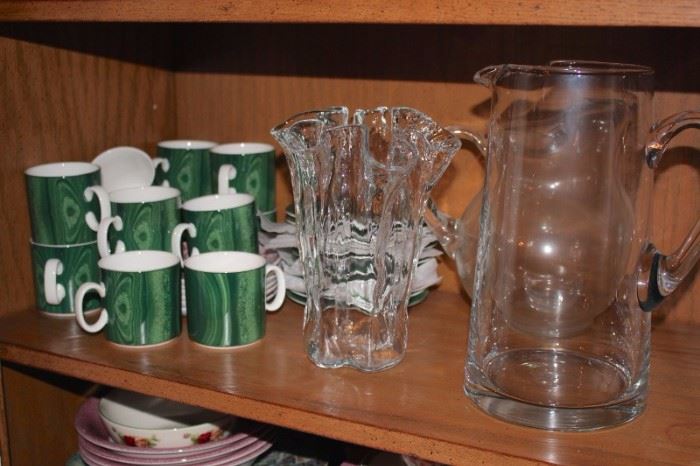 Green Mugs , Glass Pitcher and Vase