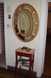 Decorative Oval Mirror and Small Marble Topped Side Table