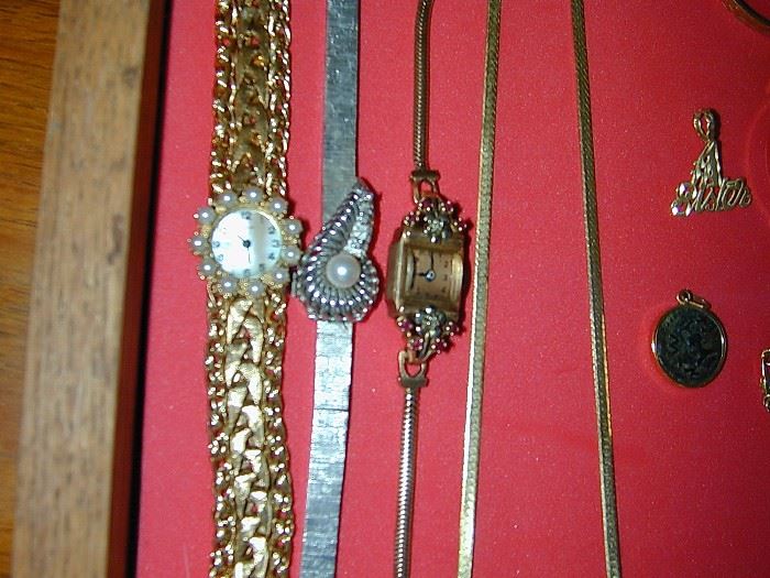 Antique Gold Watches - white gold with pearl, pink gold with ruby & diamonds.