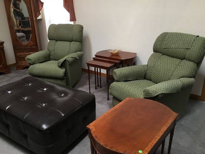 Two matching recliners, green, two mahogany inlaid set of nesting table. Large ottoman leatherette coffee table 