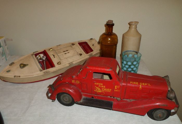 A few antique toys, Louis Marx & Co Fire Truck, Wind-up Speed Boat