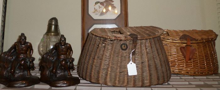 Pair of antique bookends & a couple vintage fishing creels