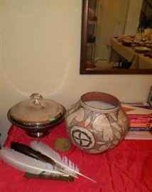 a few vintage quill pens, nice silverplate serving dish & vintage Native American pottery