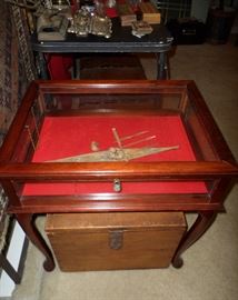 Queen Ann style glass display case (with lock) and a small antique trunk