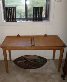 Antique child's school desk, complete with ink wells, antique wooden bread bowl, vintage candle molds  - the fabulous bread bowl is gone, but this desk is still available