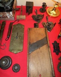 antique scales, weights,  antique cast iron items