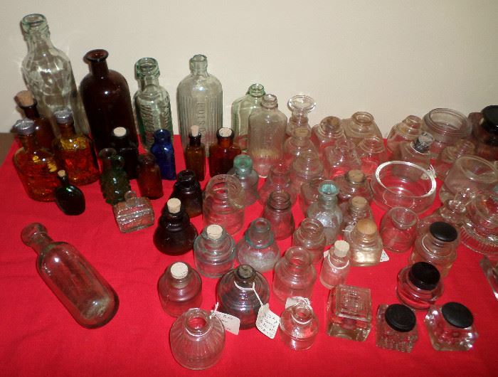 large collection of antique bottles & more ink wells