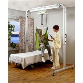 Liko Free Span Free Standing Lift System with several slings (this is a stock photo)