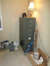 tall metal filing cabinet & a vintage Early American Ceiling light