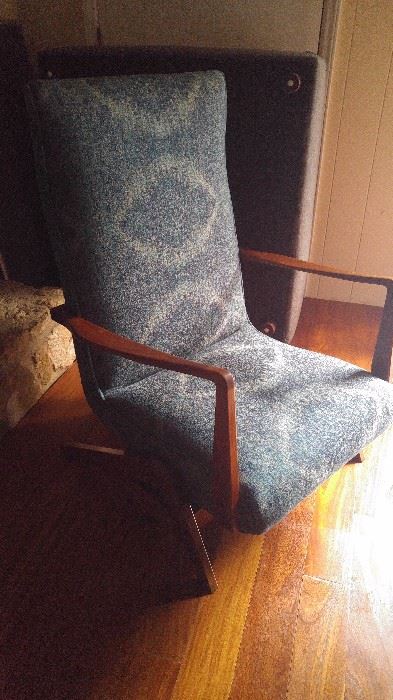 1950's Danish Rocking Chair, Teak arm's and base, fabric is in excellent condition.