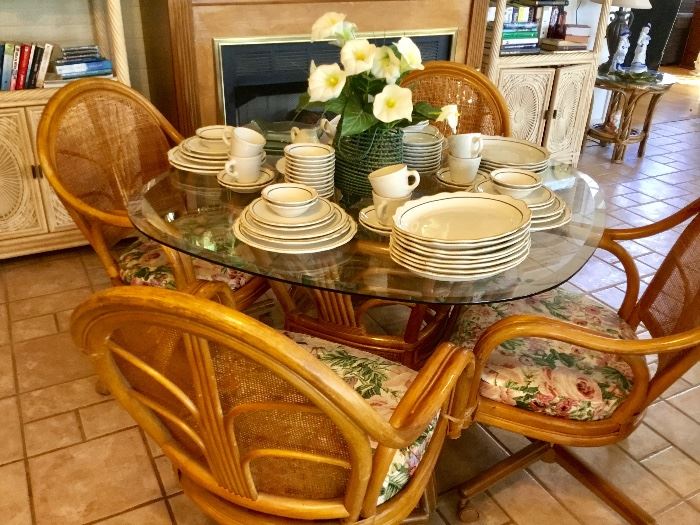 Glass Top Table with Rattan Base & Chairs