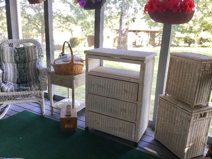 Wicker Chest, Side Table, Rocker and 2 hampers