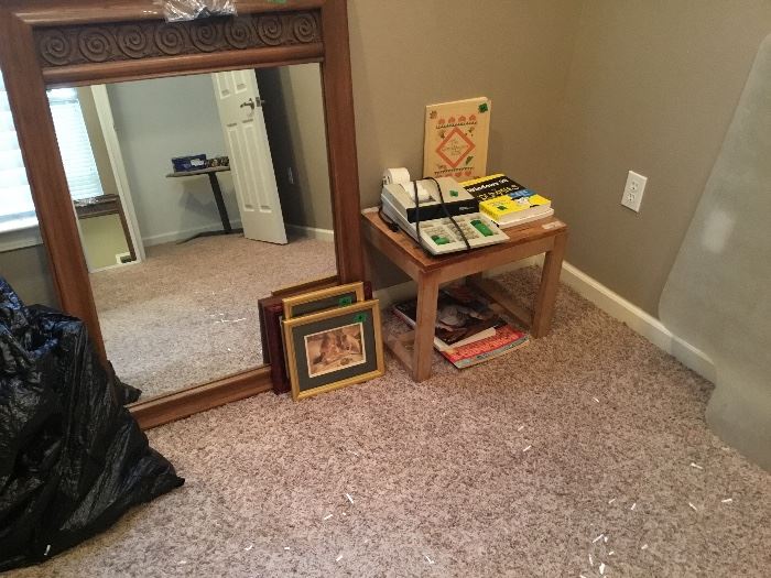 Mirror, pictures, stool, adding machine, books