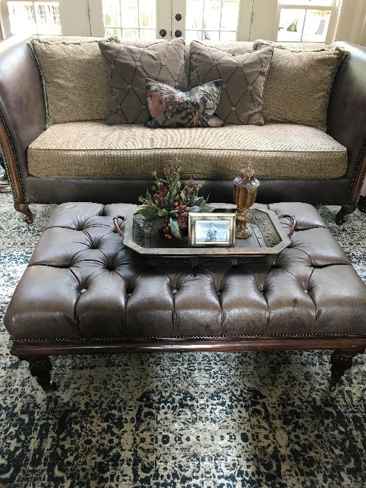 Custom High End Fabric and Leather Sofa with Tufted Leather Ottoman