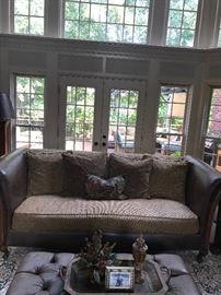 Custom High End Fabric and Leather Sofa with Tufted Leather Ottoman