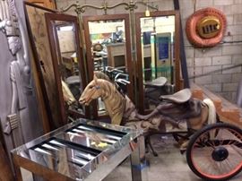 Gothic Triple Mirror Oak and Cast Iron, Horse Bicycle, Mid Century Backgammon Game, Deco Lady Plaque 1934 Chicago WF.