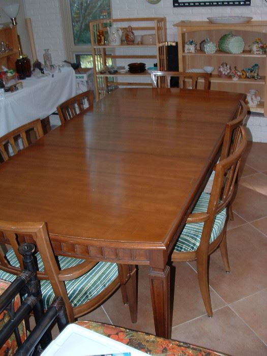 mid century dining table (shown with 1 leaf) - there is another leaf and 10 chairs total (4 arm)