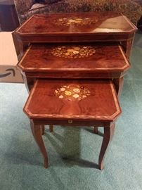 3 tables from Italy. Small one has a music box under lid